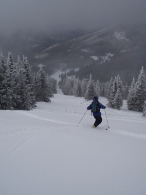Hugh telemarking untracked powder on Roadrunner